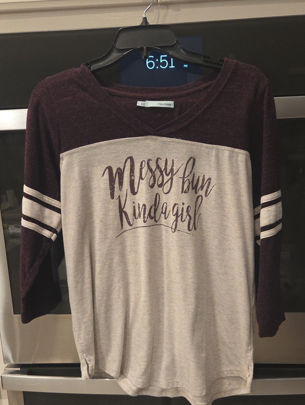 Maurices Cream and Plum "Messy Bun Kinda Girl" Raglan Tee